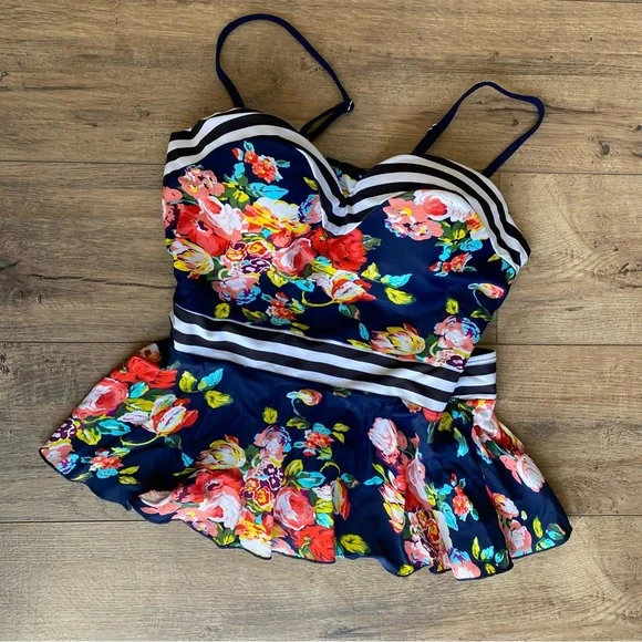 RAD Swimswear Swim Floral Striped Vintage Style Peplum Tankini